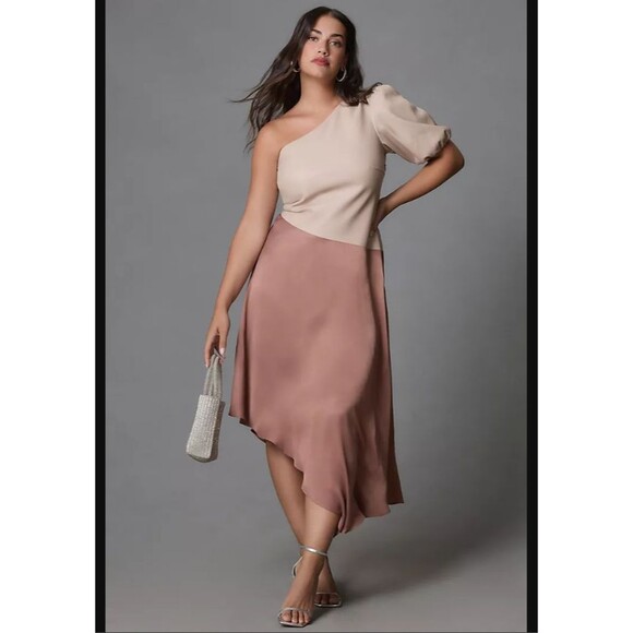 Anthropologie Women's Dress 14 Pink Asymmetrical One Shoulder Faux Leather - Picture 1 of 13